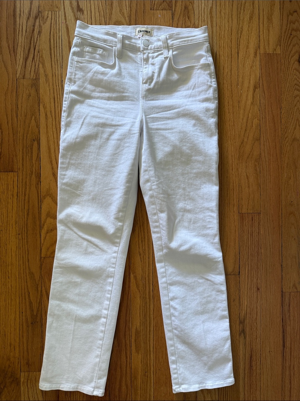 L’Agence sz 24 Alexia High Rise Blanc White Straight Leg Jeans zip great cond
